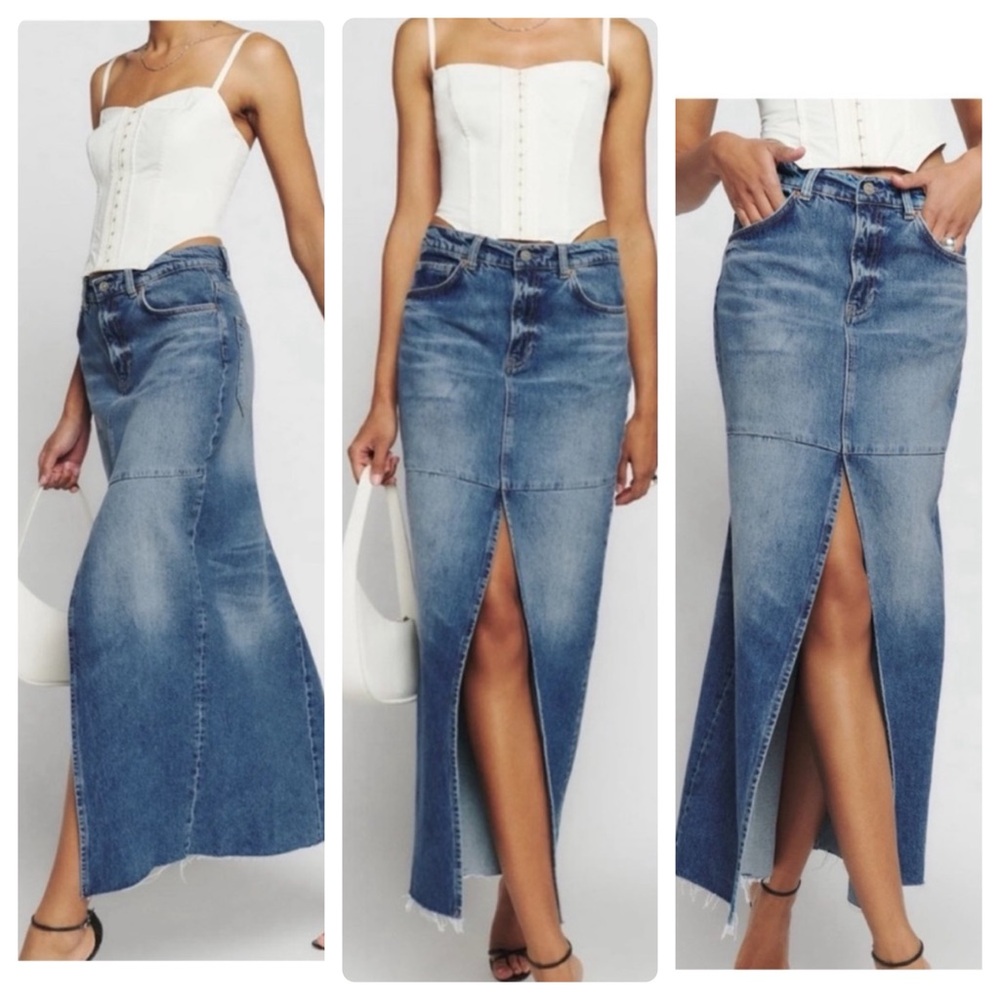 Reformation Tazz Maxi Denim Maxi Skirt Hemlock size 25 DR